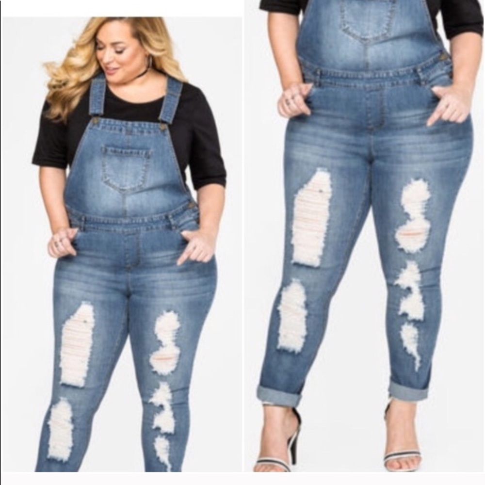 Ashley Stewart Denim Bib Overalls Jeans Distressed